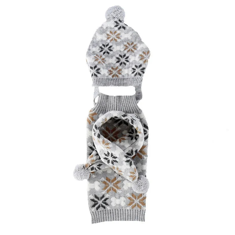 Japanese-style retro jacquard pet sweater set with matching scarf and hat in grey or pink colours