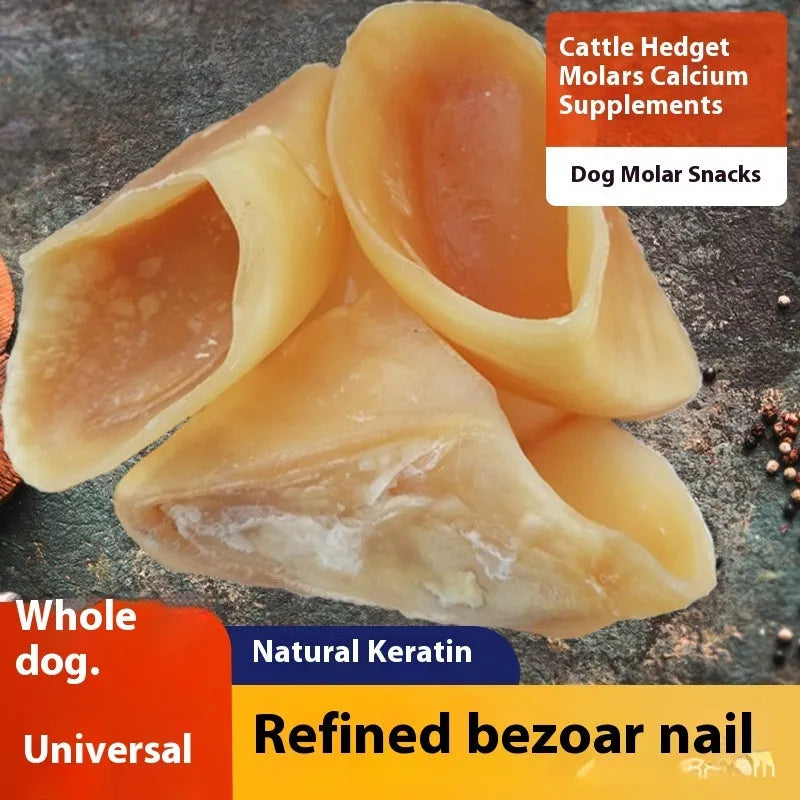 Natural cowhide anti-bite grinding rod dog chew in hoof shell colour, shown in small and large sizes.