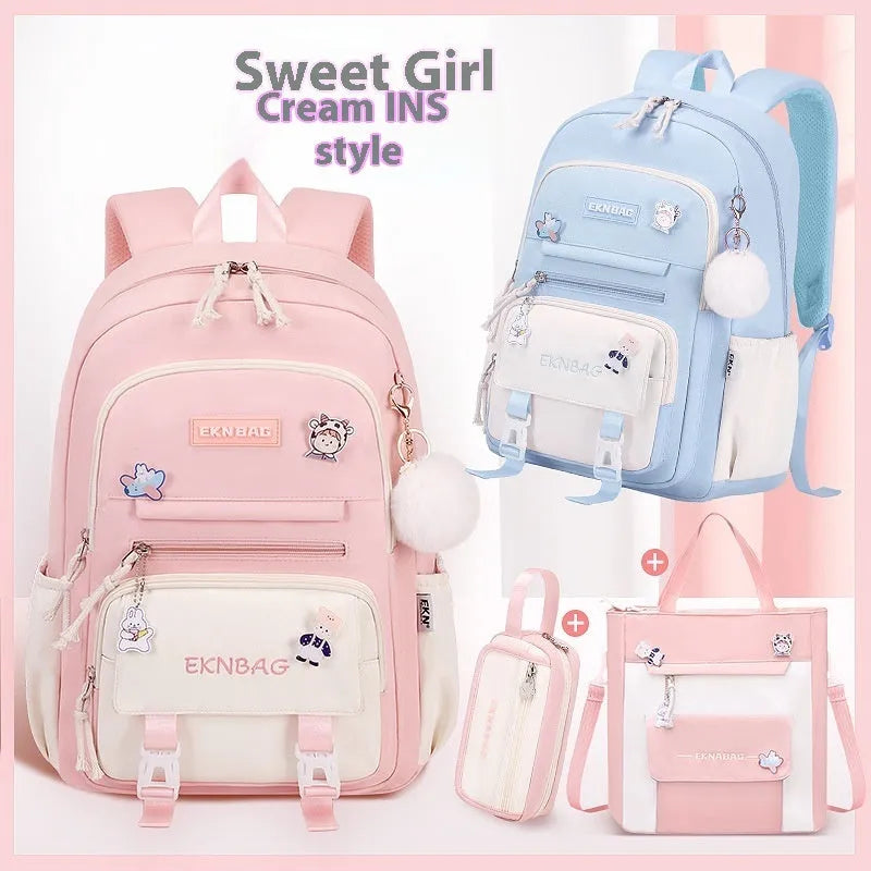 Waterproof pink Oxford cloth school backpack for girls with curved shoulder straps