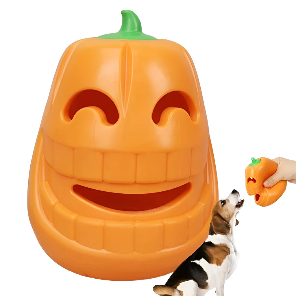 Yellow pumpkin-shaped TPR dog chew toy for aggressive chewers.