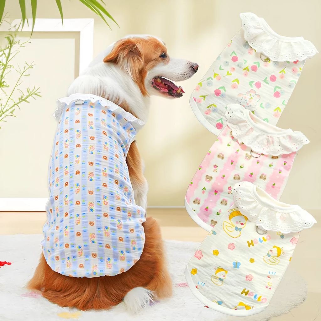 All-cotton breathable pet vest for dogs and cats, blue stripe bear head pattern, size 2XL, shown on a small dog