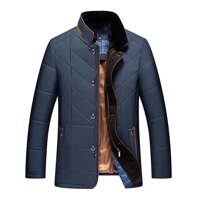 Men's solid colour winter short coat with side seam pockets, available in dark blue.