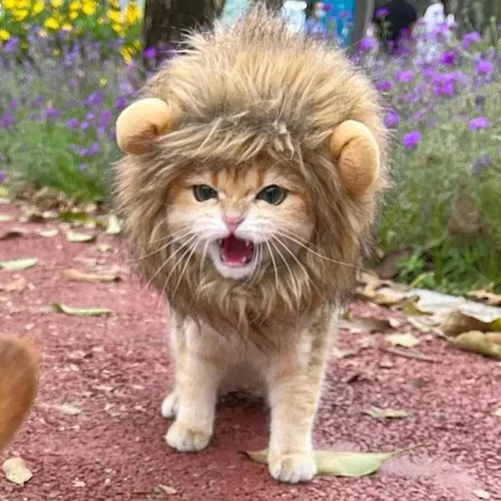 Lion mane wig costume accessory for cats and small dogs with artificial hair and adjustable elastic band