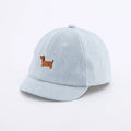 Denim puppy print baseball cap for babies with dome crown and short brim in black, dark blue, or light blue