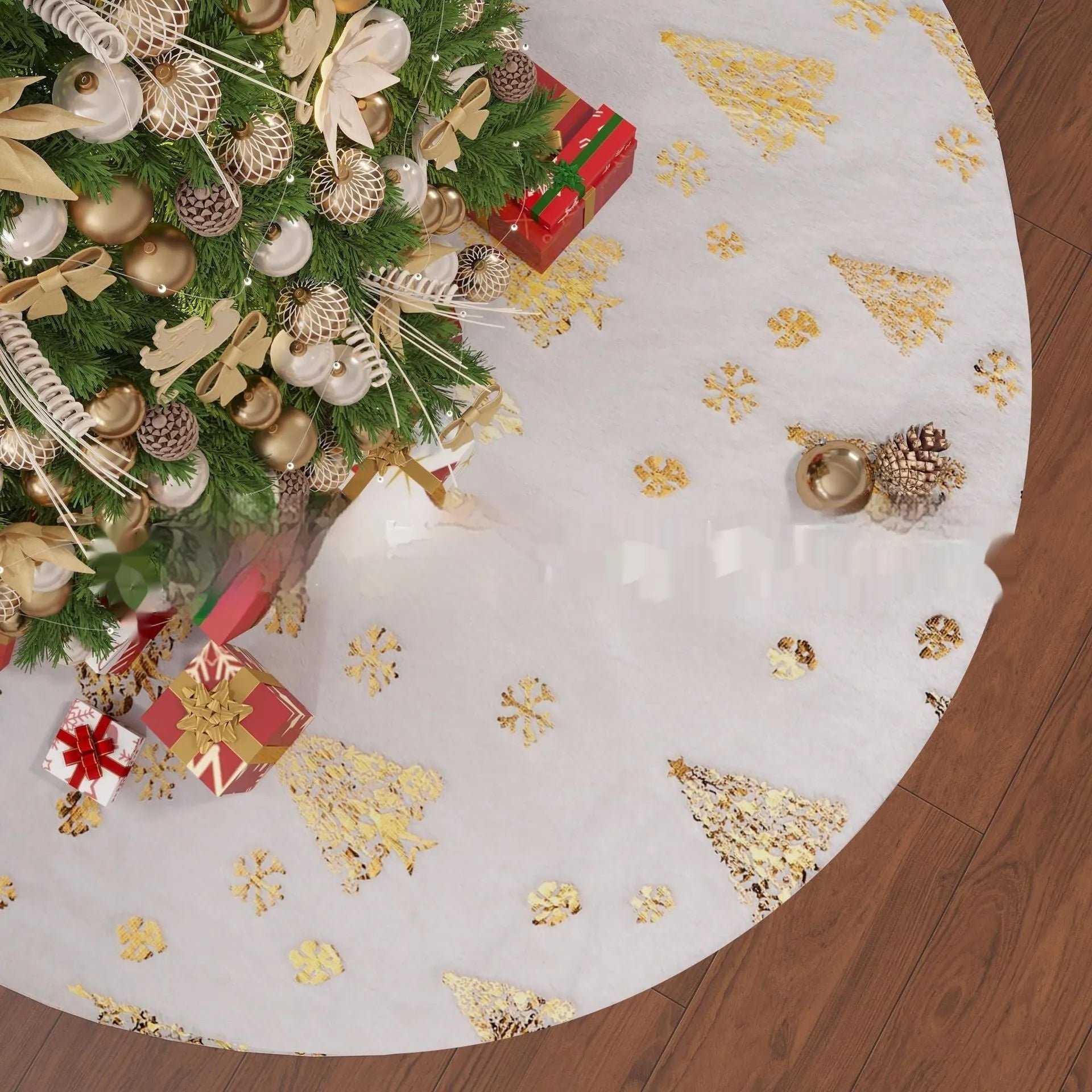 Plush festive mat with Christmas tree design under a decorated tree
