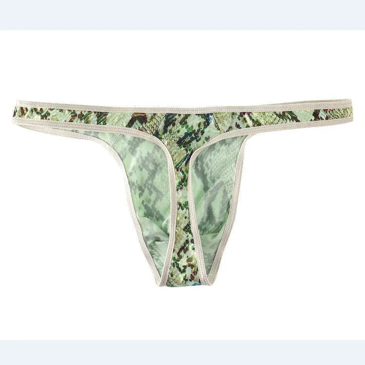 Men's green camouflage snake print thong underwear laid flat, showing low waist and T-back style.