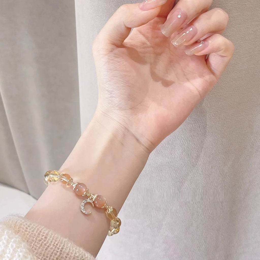 Women's crystal bracelet with moonstone, citrine stones and electroplated 14K gold gilding in diamond Chinese style