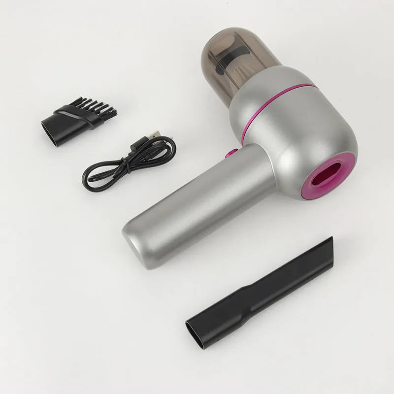 Portable handheld car cleaner vacuum in grey with brush nozzle and extended suction nozzle attachments