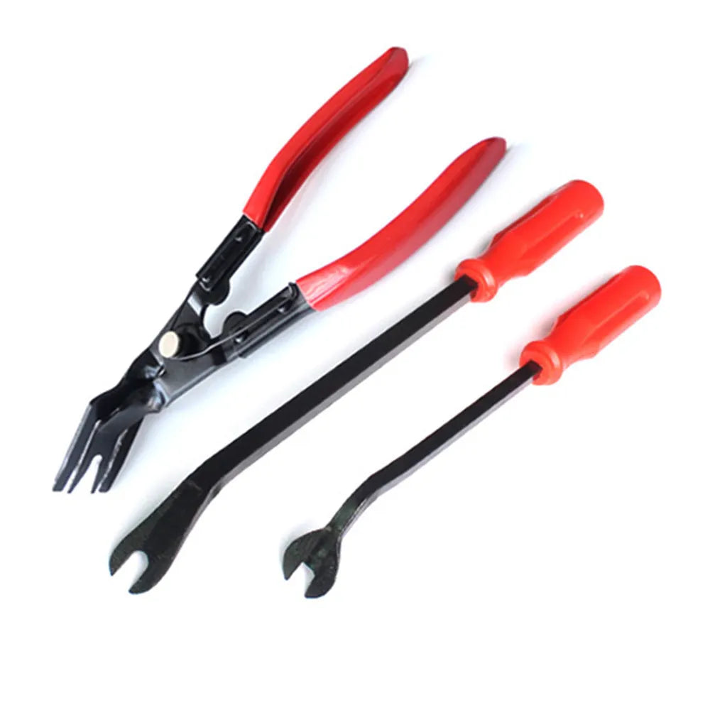 Red-handled steel automotive pliers for General Motors door panel clip removal.