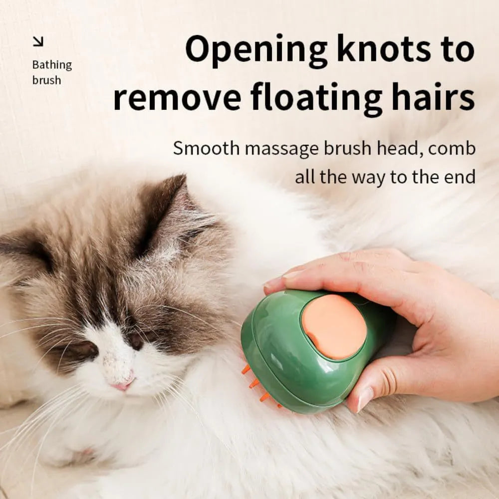 Green and white rechargeable cat steam brush with silicone teeth and water spray button.