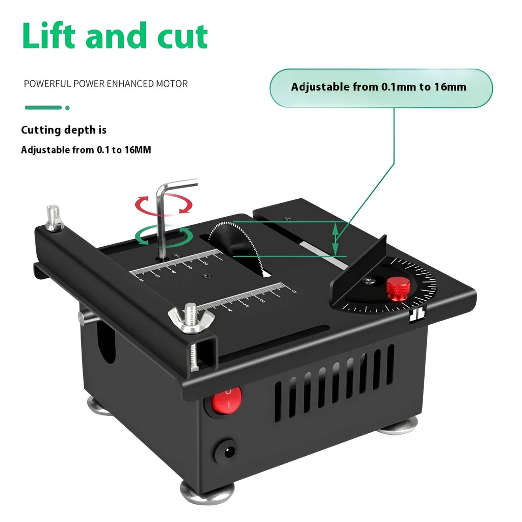 Lithium-ion battery-powered micro desktop saw with metal body on a workbench.