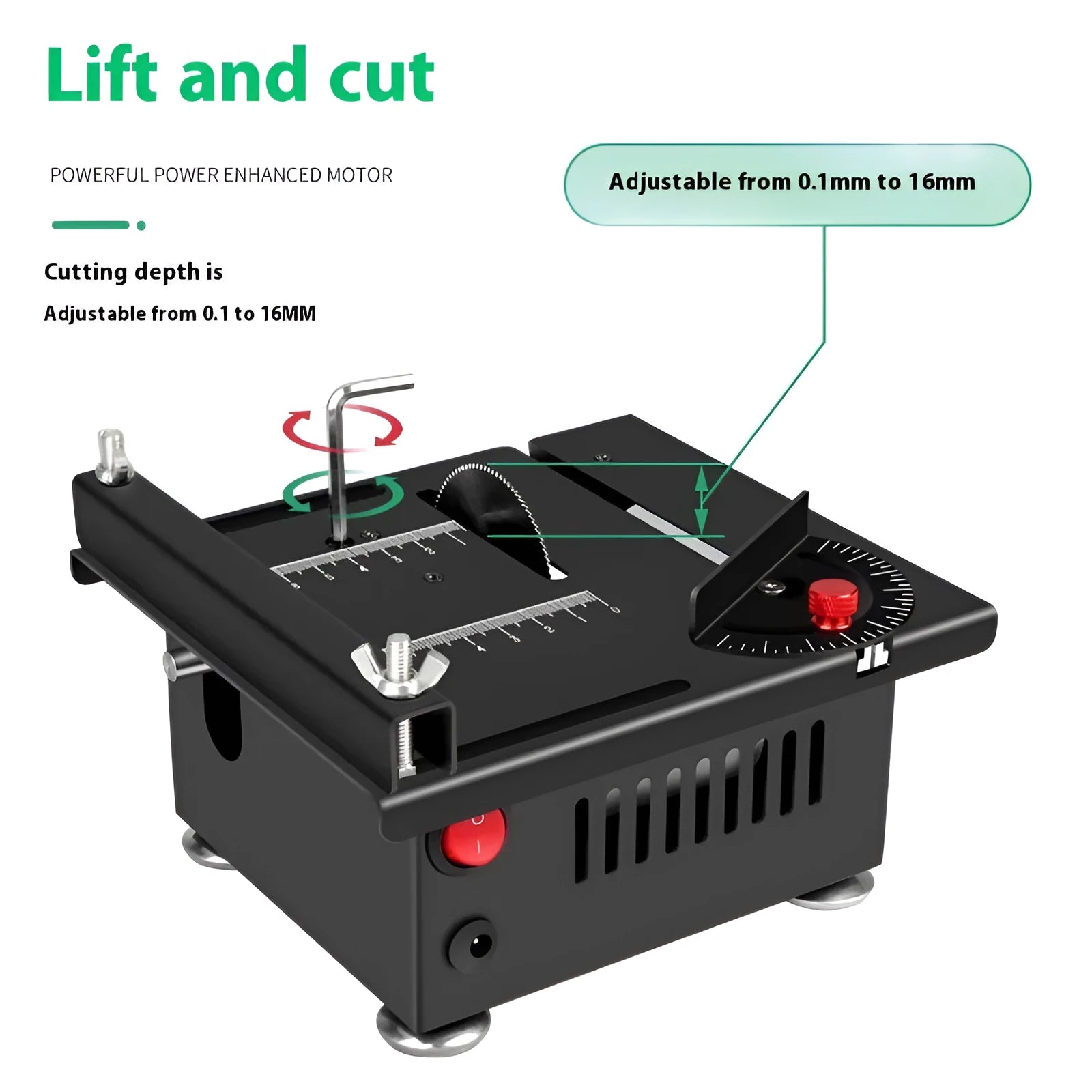 Lithium-ion battery-powered micro desktop saw with metal body on a workbench.