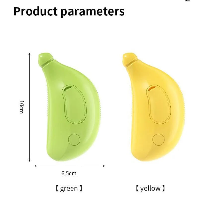 Rechargeable cat steam brush in green or yellow with silicone massage bristles and detangling teeth