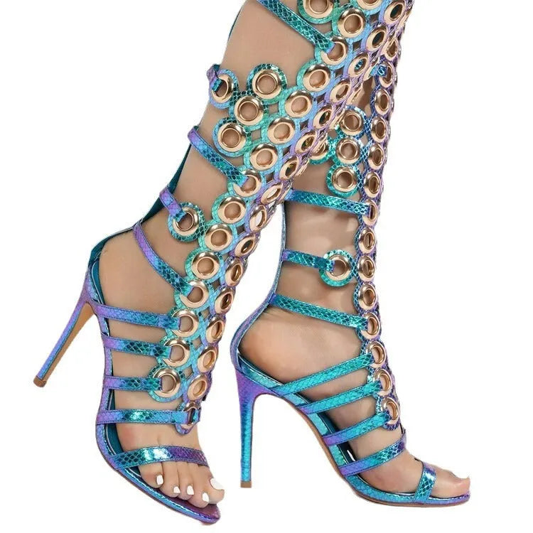 European metal fish-eye hollow stiletto heel open toe sandals in black with back zipper and round toe