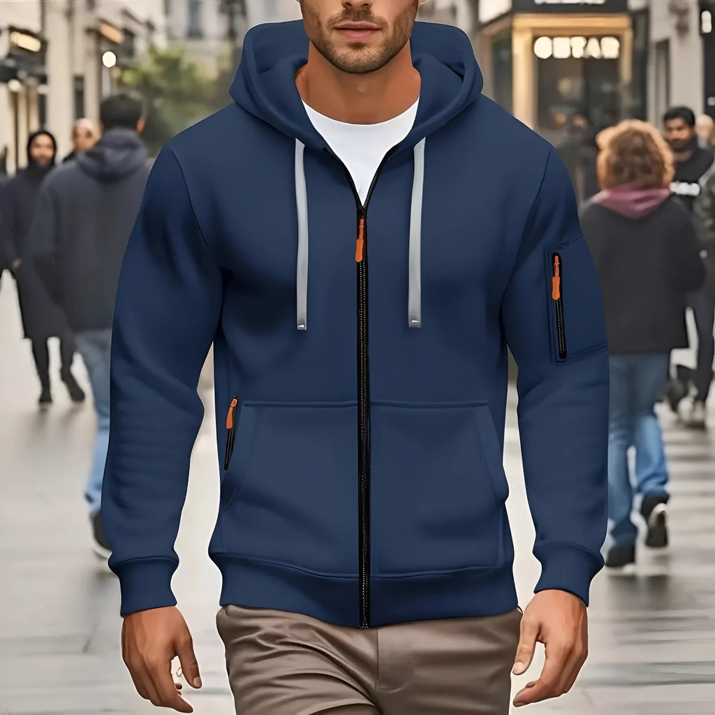 Men's zip-up hooded cardigan coat in Army Green colour with wool lining.