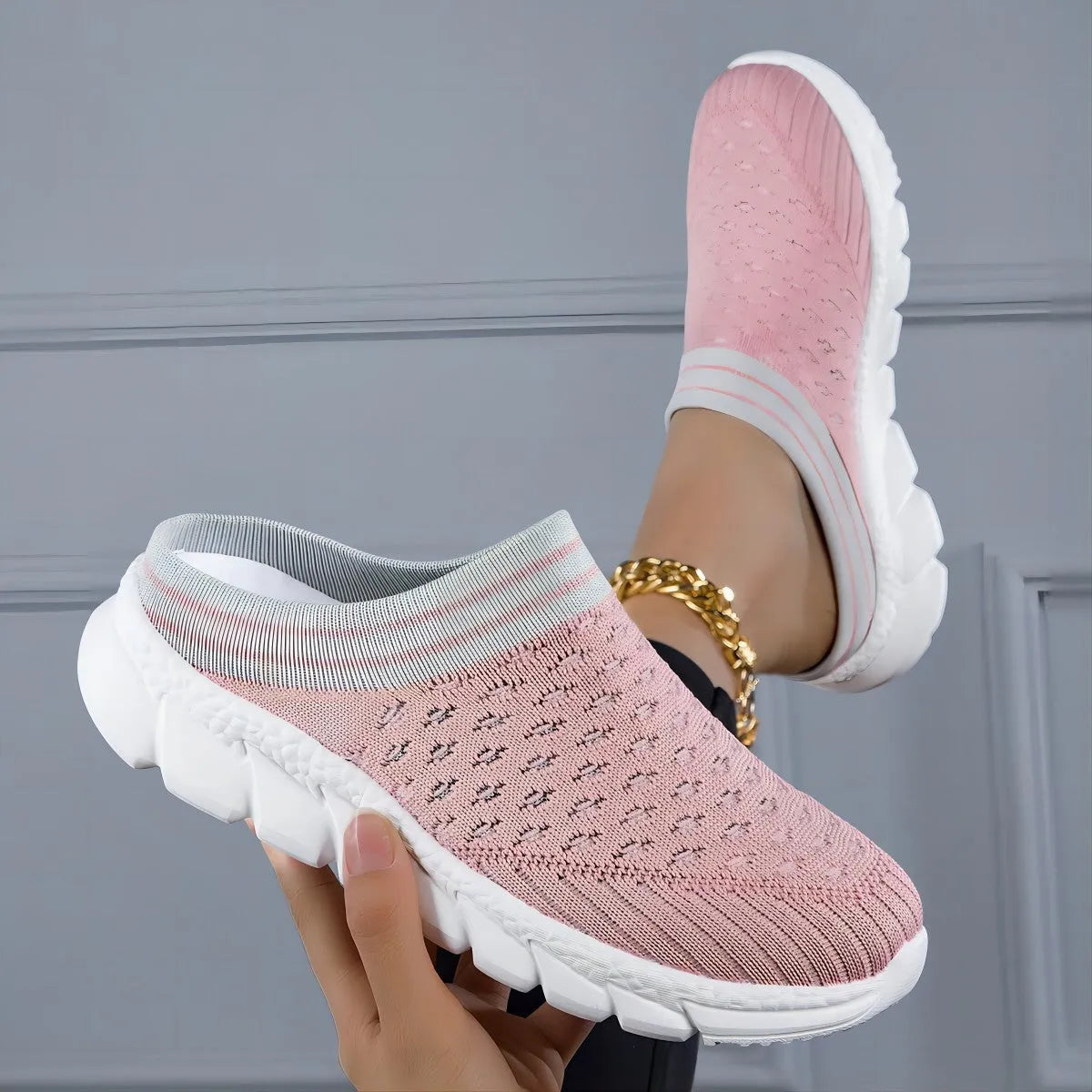 Women's Flyknit semi slippers in black with height-increasing sole and hollowed-out design