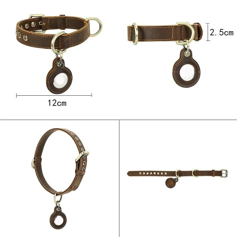 Brown genuine leather retro dog collar with a handmade halter for positioning.