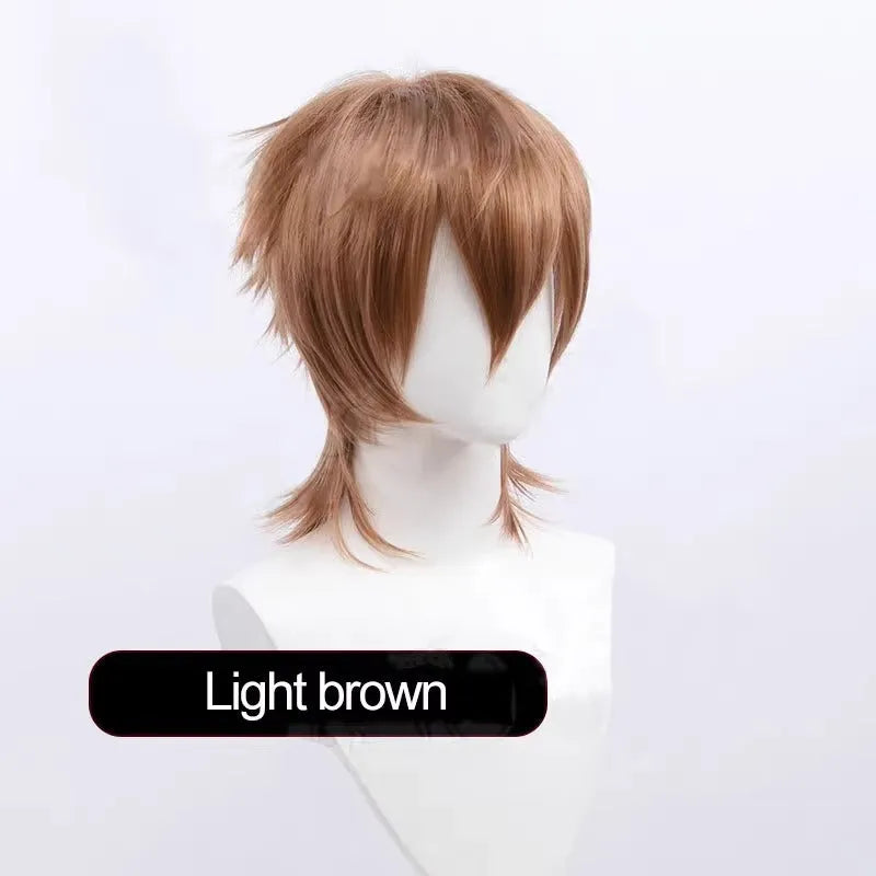 Short black anime cosplay wig for men with a lengthened hair tail, made from high-temperature fibre.