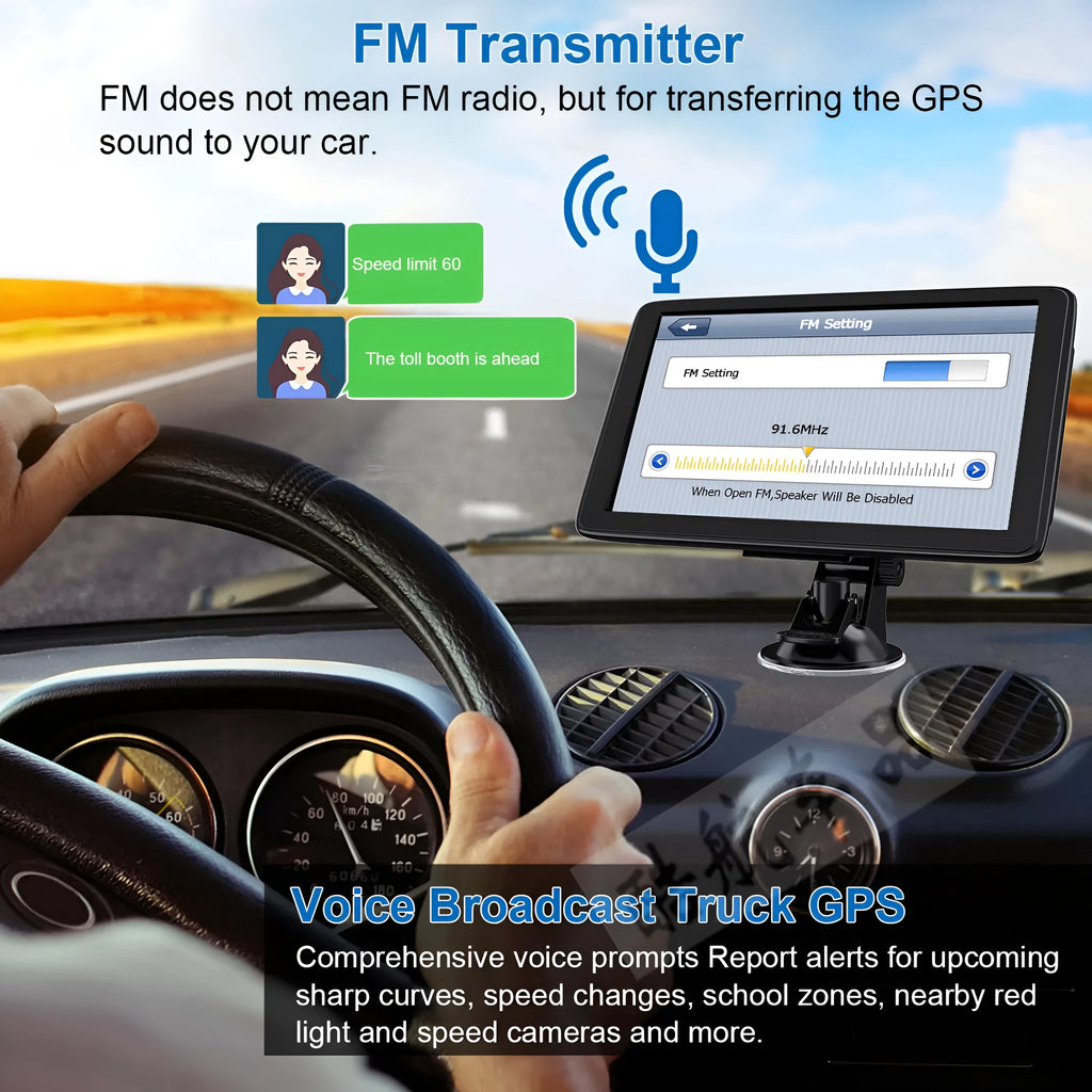 7 inch black portable car GPS navigation device mounted on dashboard with clear map display