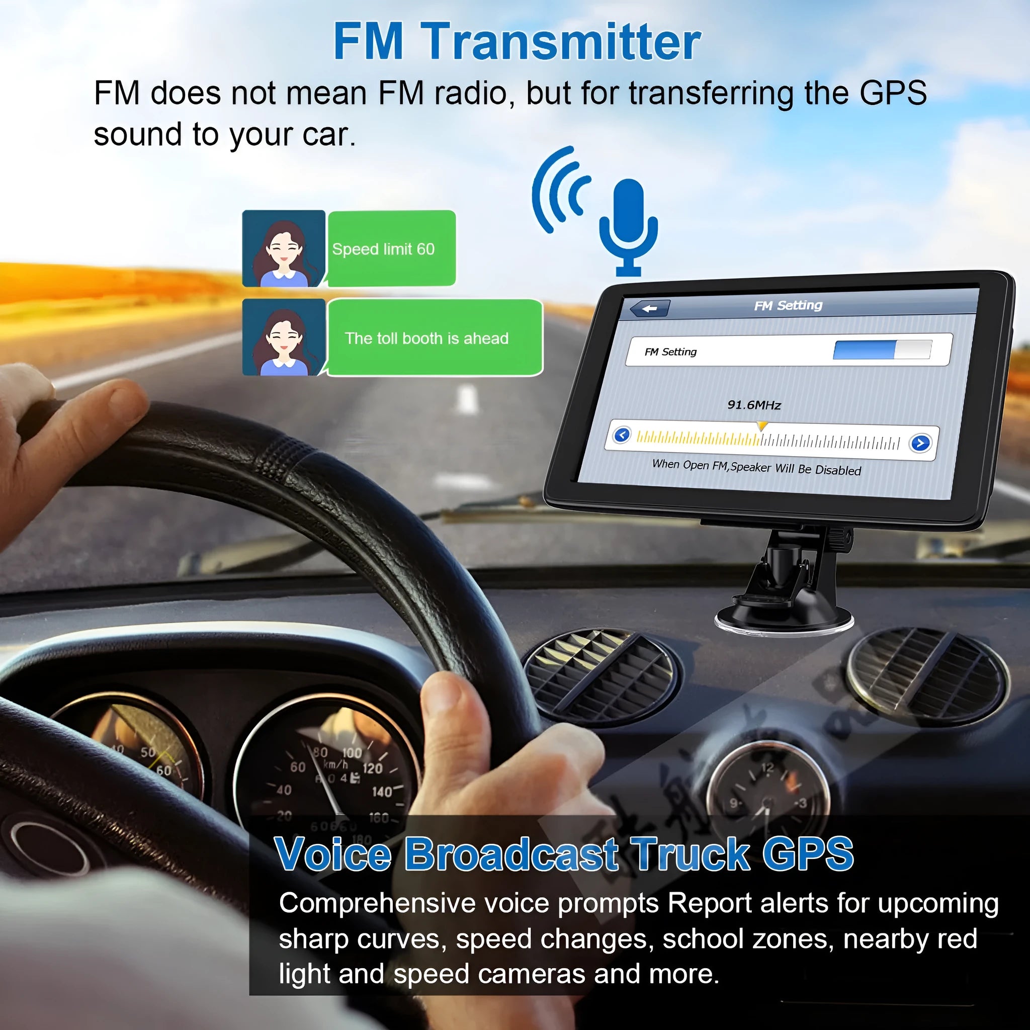 7 inch black portable car GPS navigation device mounted on dashboard with clear map display