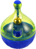 Blue tumbler-shaped pet treat dispenser toy for dogs and cats with treat holes