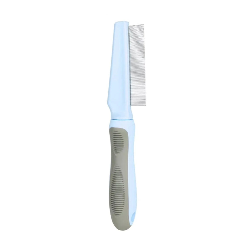 Pet grooming comb set showing three comb types with dense, high/low, and sparse needles on rubber handles