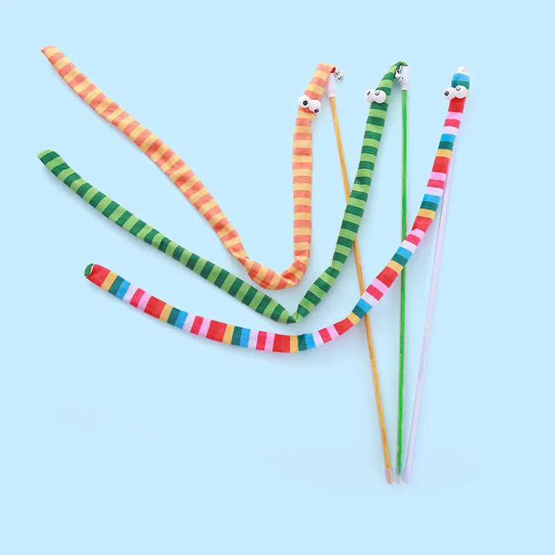 Cat wand teaser toy with a polycarbonate handle and a long green plush strip with a bell.