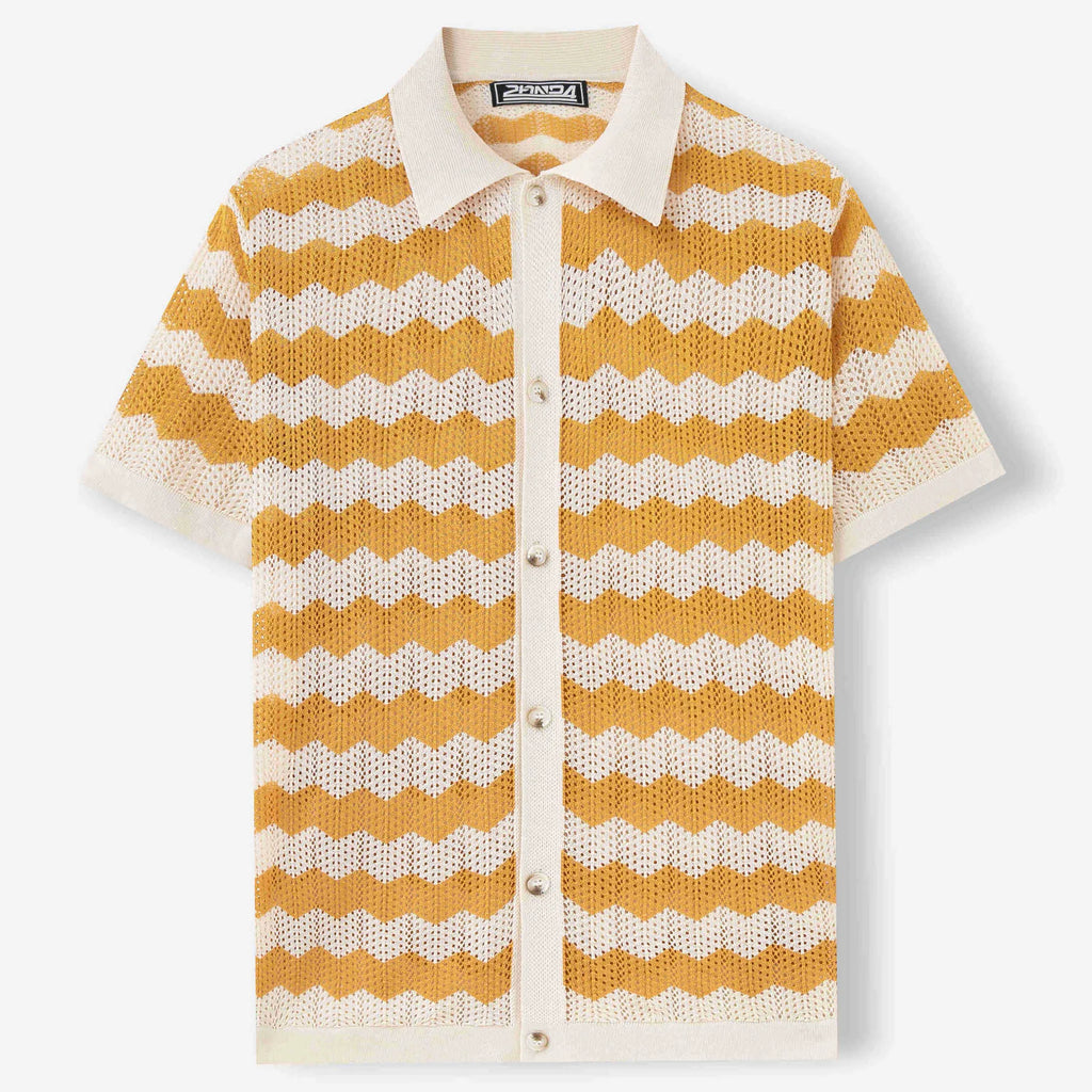 Yellow short-sleeve sweater with a raised corrugated jacquard pattern and a flocked detail on the front.