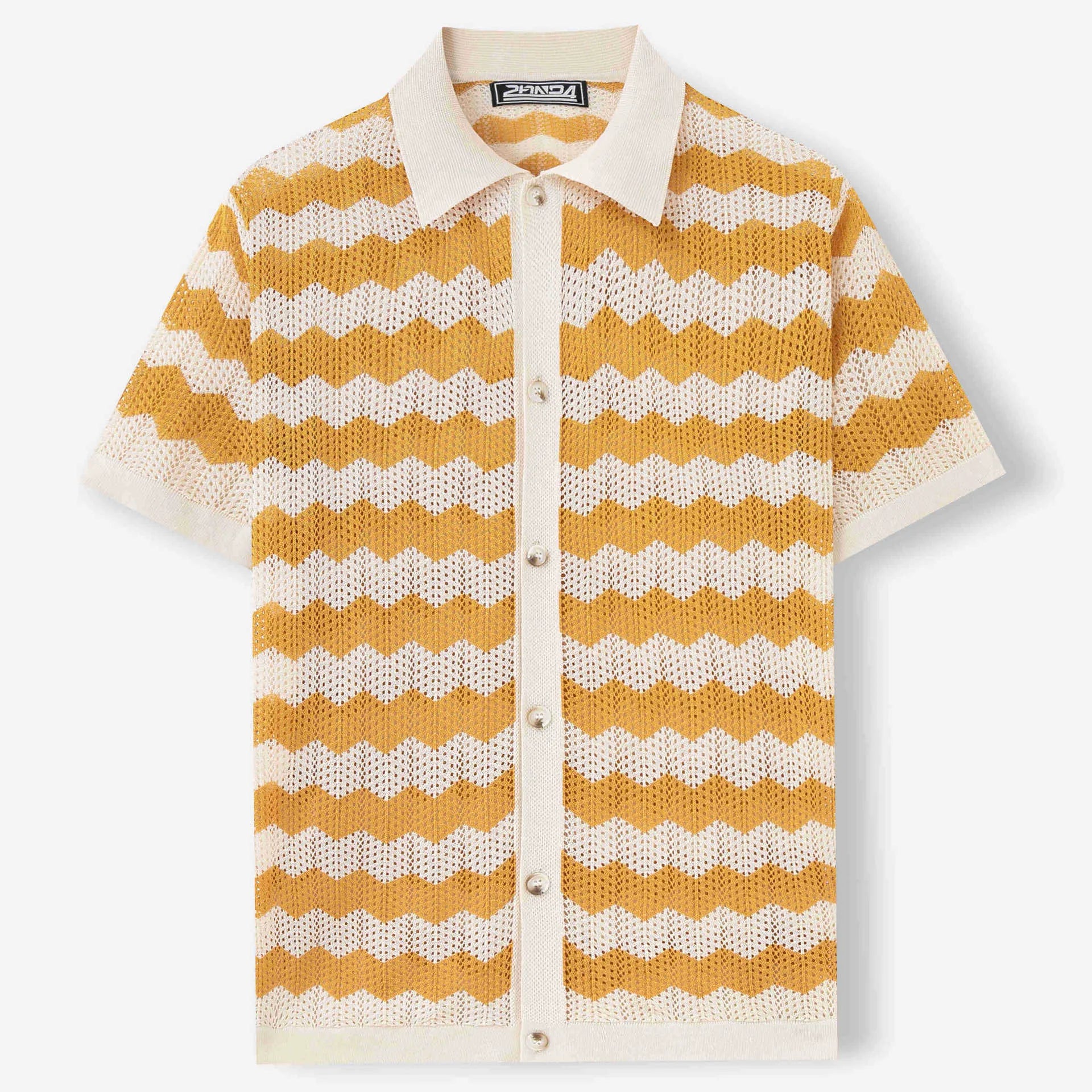 Yellow short-sleeve sweater with a raised corrugated jacquard pattern and a flocked detail on the front.