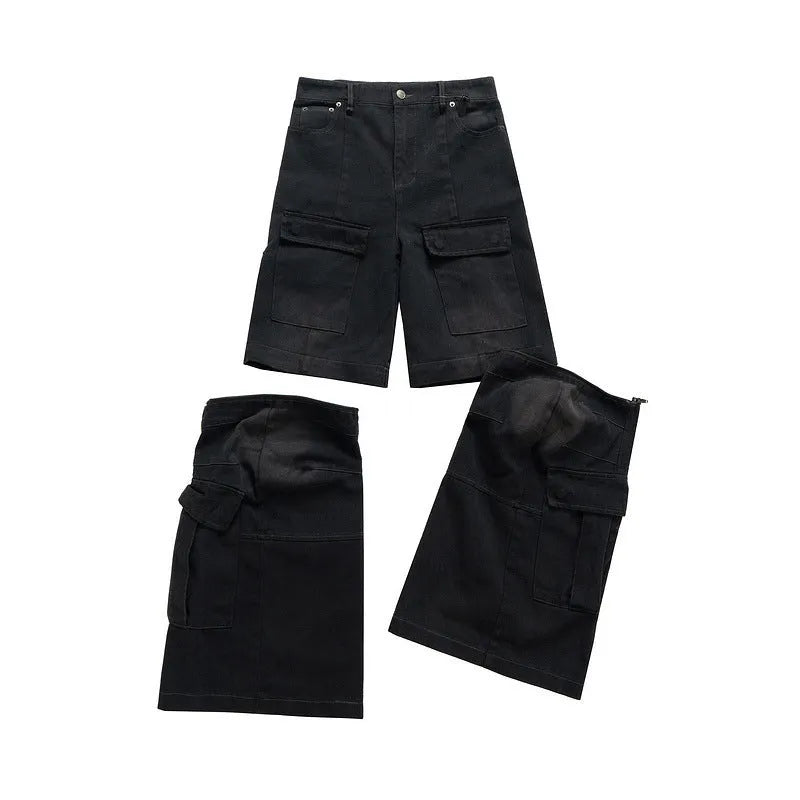 Detachable worn-looking cotton overalls with multi-pockets, in black or blue, for teenagers