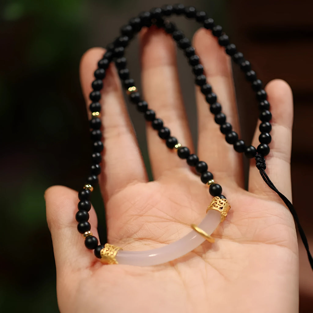 Women's Chinese style necklace with frosted black agate and white chalcedony stones in 925 silver U-shaped pendant