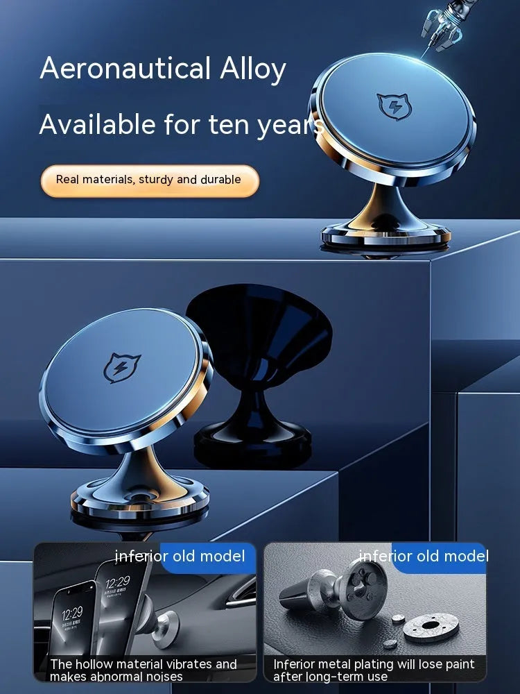 Shiny black alloy magnetic car phone holder with adhesive dashboard mount.