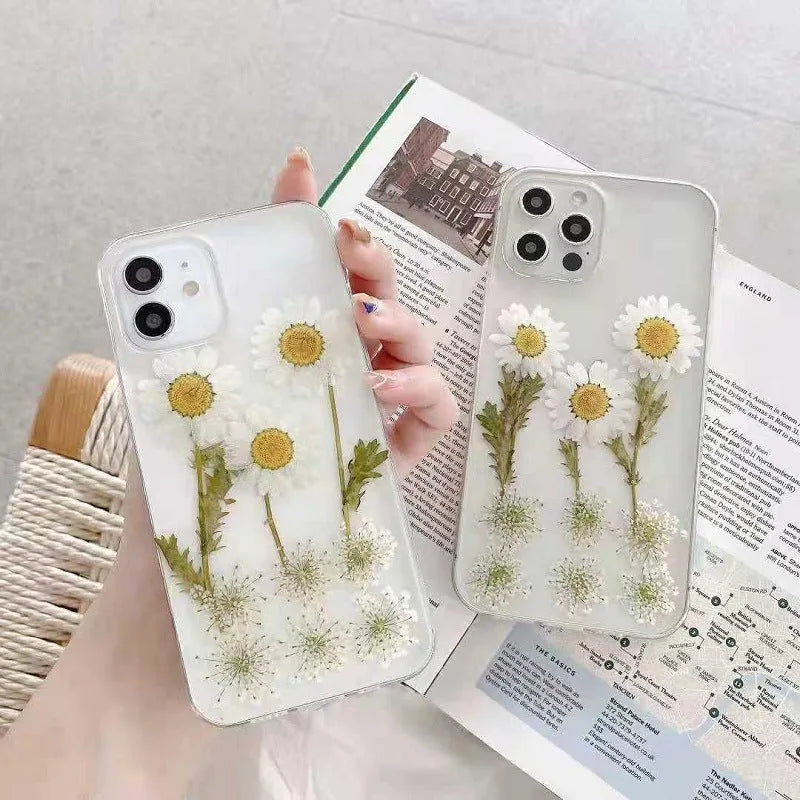 White TPU phone case with epoxy daisy floral design for iPhone XR to 13 series