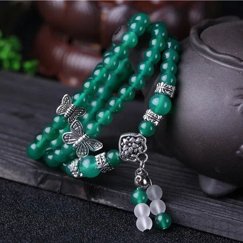 Women's green agate multi-layer bracelet with three circles of 6mm beads