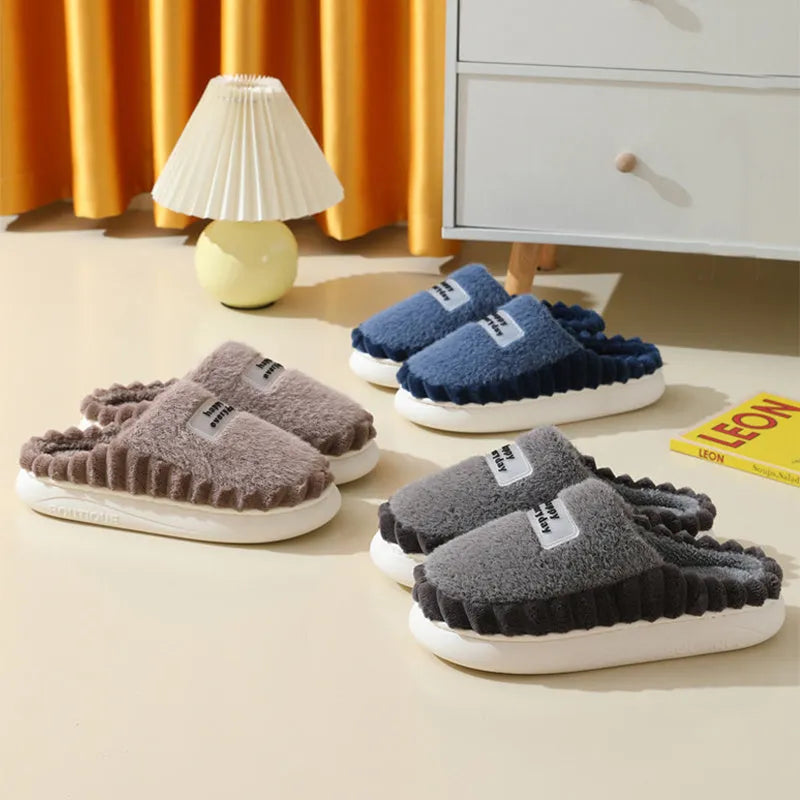 Men's thick sole colour-block fleece slippers in coffee, grey, and navy blue with suede upper and non-slip PVC sole