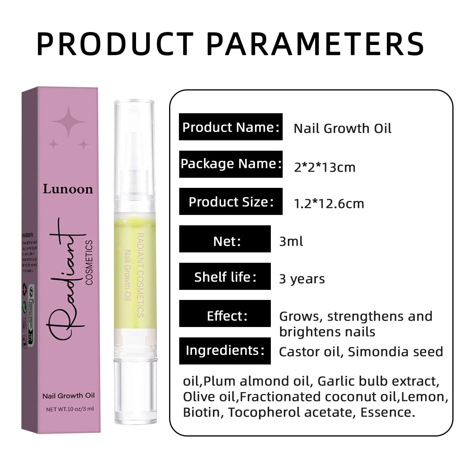 3ml bottle of wash-free nail growth and moisturising treatment oil for cuticle care.
