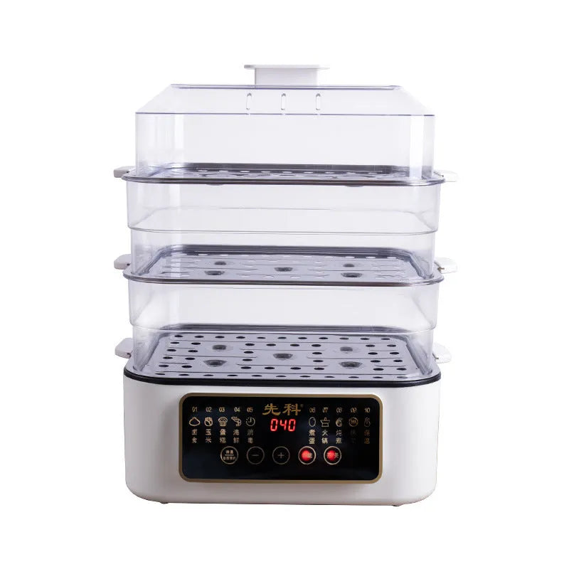Stainless steel electric food steamer with 10-litre capacity and automatic water measurement function