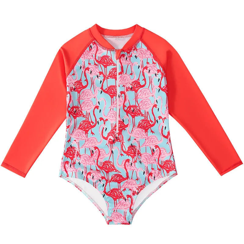 Girl's long sleeve one-piece swimming suit in polyester fabric for swimming activities