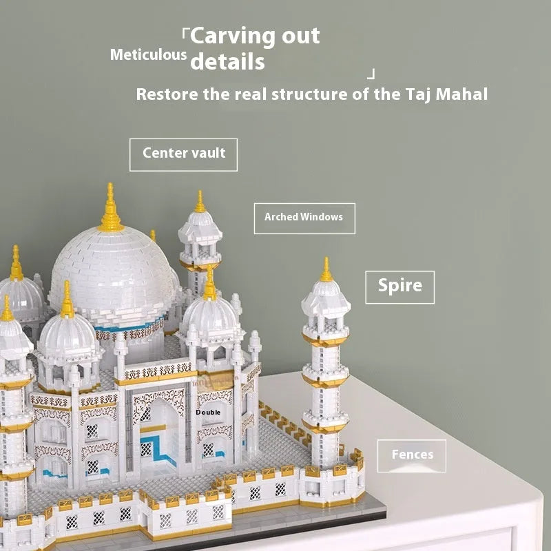 Castle building blocks plastic small diamond particles Taji Mausoleum model assembled on table