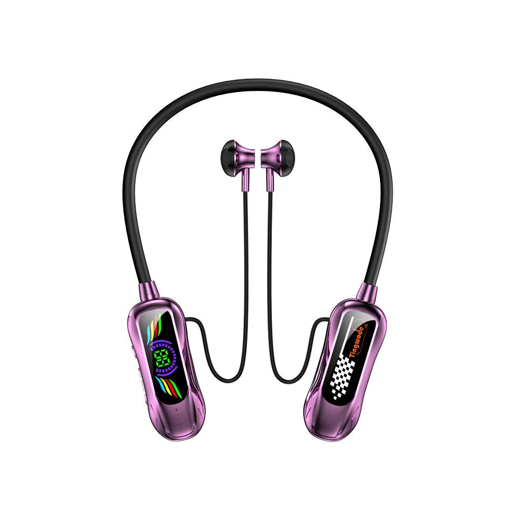 Neck-mounted Bluetooth headset in gun gray with digital display, ABS TPE body and neck-hanging sports design