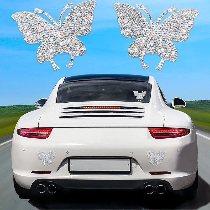 White diamond glass car sticker with bear claw and butterfly design, 7cm by 6cm.