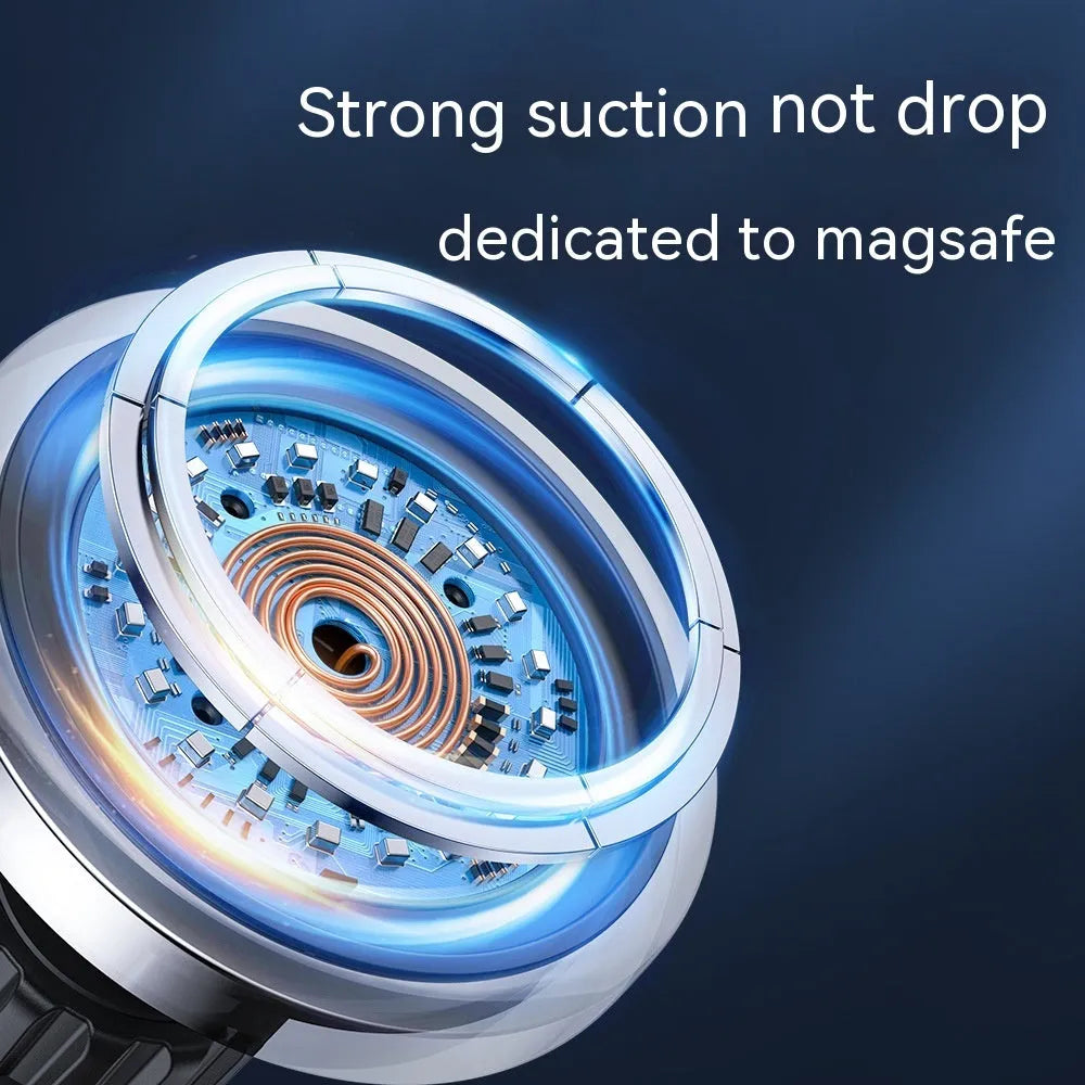 Black magnetic wireless charging car mount attached to car air vent with phone secured