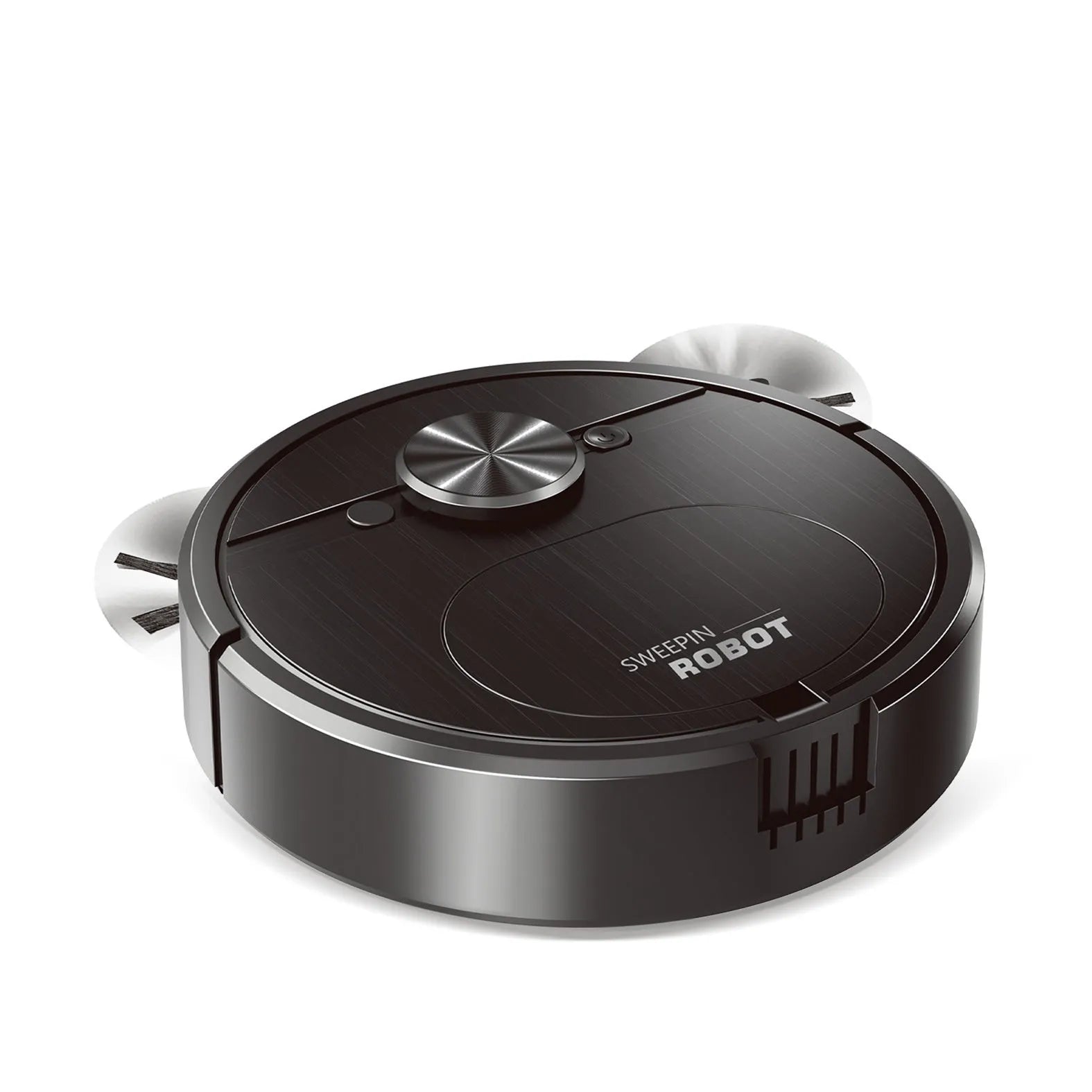 Black or white robot vacuum cleaner with suction, sweeping, and mopping functions on a hard floor