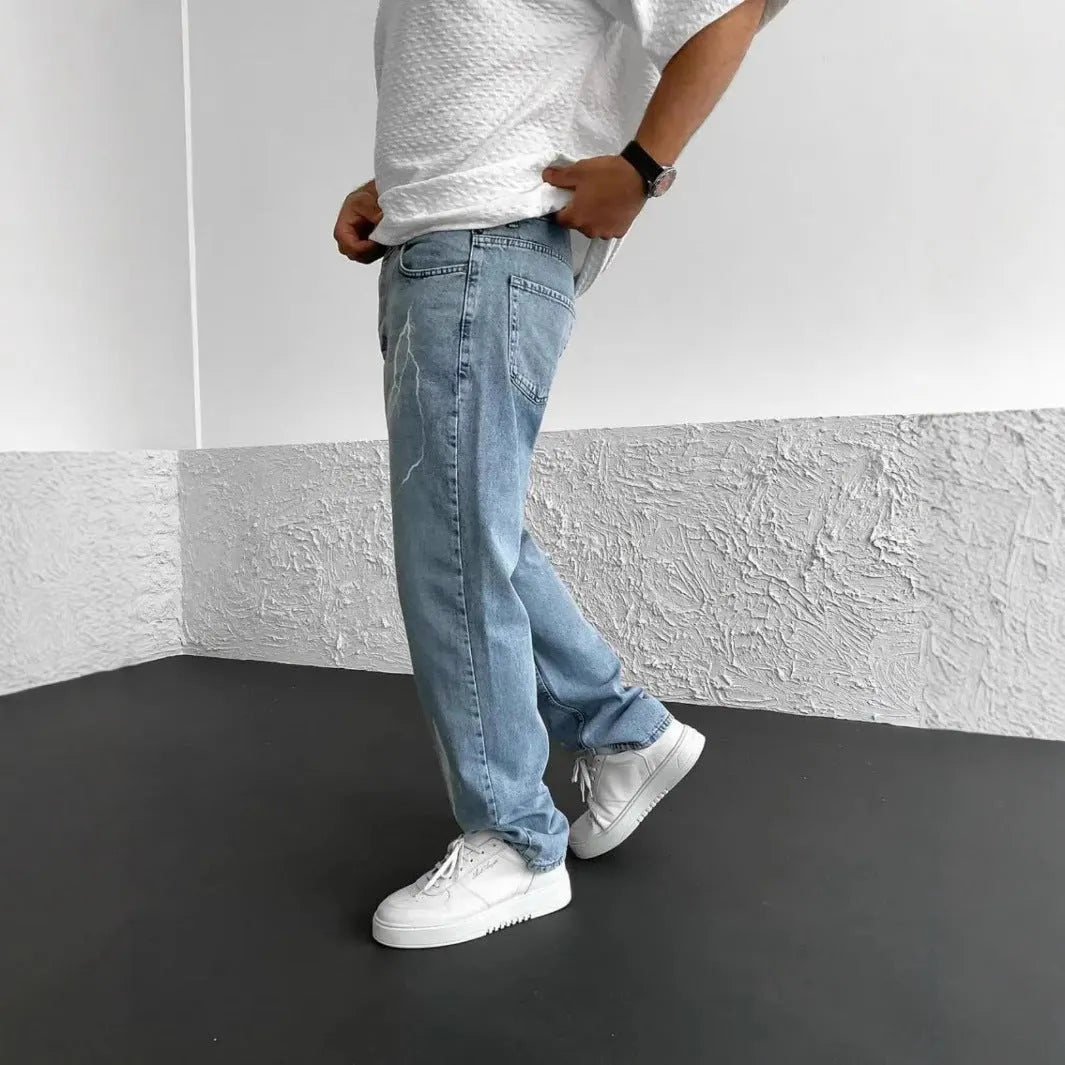 Men's blue straight-leg loose fit cotton denim jeans with mid waist design