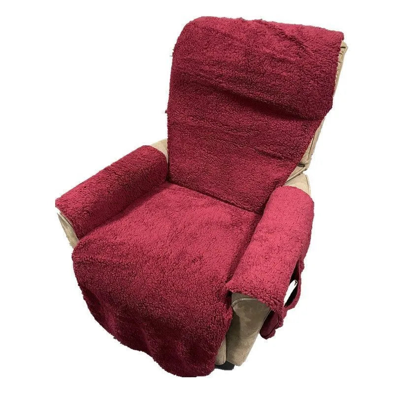 Universal polyester sofa slipcover in lamb wool beige colour on a sofa seat cushion.