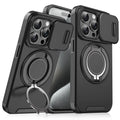 Sliding window bracket drop-resistant phone case for Apple iPhone in black, PC material, with built-in stand