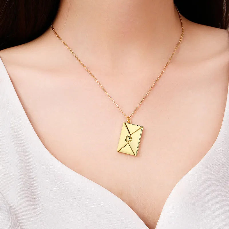 Envelope necklace with carved love letter pendant, cross chain, titanium steel and copper, gold steel or rose gold