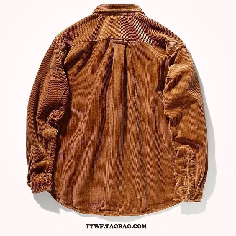 Man wearing a loose caramel corduroy long sleeve cardigan-style shirt