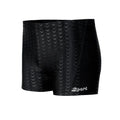 Men's solid colour polyester swimming trunks shown in boxers and cropped pants styles.