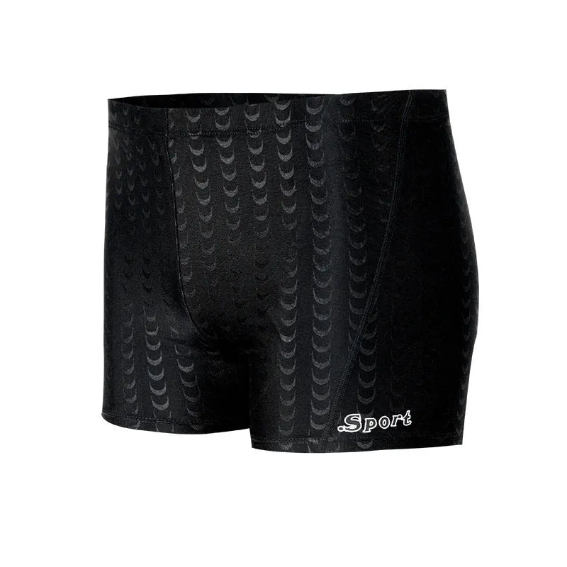 Men's solid colour polyester swimming trunks shown in boxers and cropped pants styles.